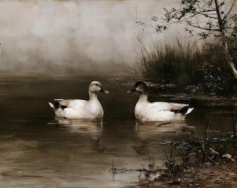 Vintage Ducks Wading Poster, Antique Mallard Oil Painting Print, Muted Country Wall Art, Moody Pond Landscape, Cottagecore Wildlife Decor