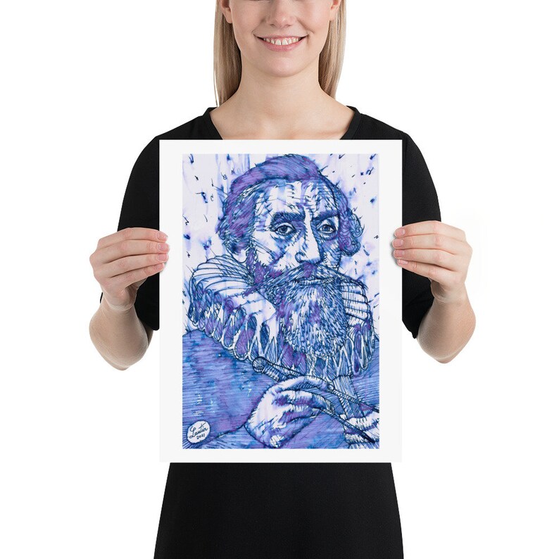 May include: A blue and purple ink drawing of a man with a beard and a ruff collar. The drawing is done in a detailed style and has a vintage feel.