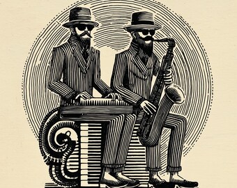Vintage Style Jazz Duo Poster, Black and White Portrait Print