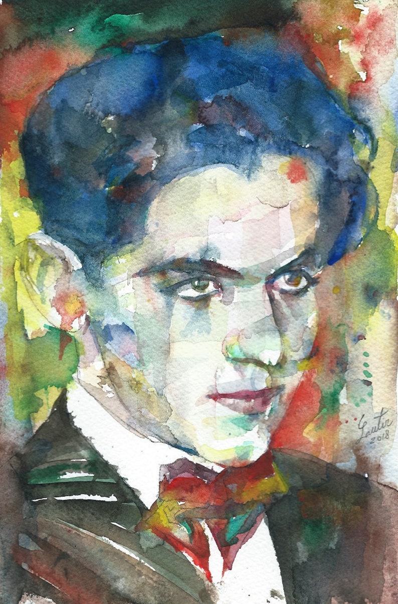 May include: Watercolour painting of a man with dark blue hair, wearing a dark suit and a red bow tie. The painting has a colourful background with shades of green, red, and yellow.