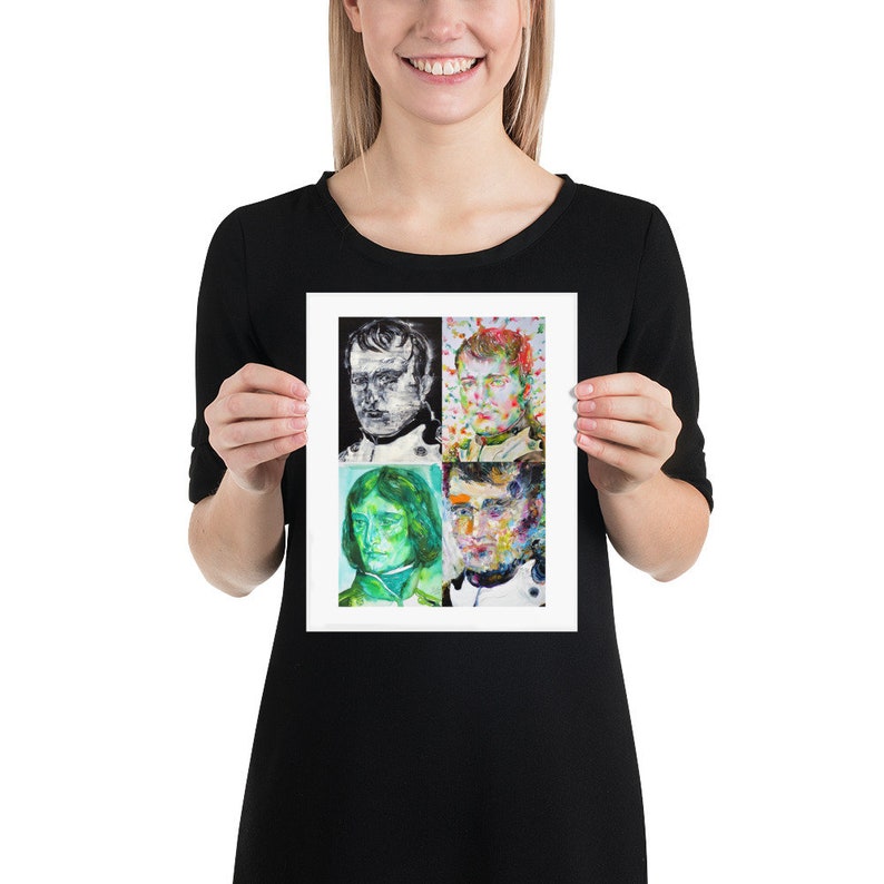 May include: A framed print of four portraits of men. The portraits are in different styles, including a black and white portrait, a colorful portrait, and a green portrait. The portraits are arranged in a grid pattern.