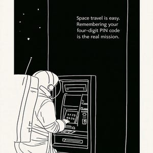 Space travel is easy. Remembering your four-digit PIN code is the real mission | Funny Astronaut poster | Humorous Sci-Fi spaceman Print