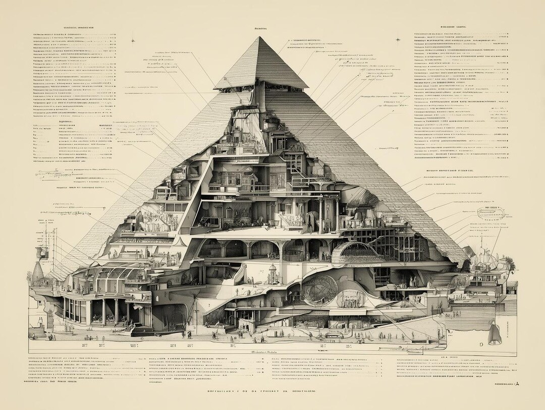 Fantasy Pyramid Interior Blueprint, Steampunk Egypt Obelisk, Black and ...