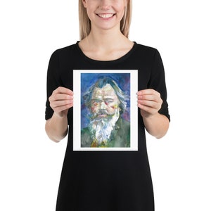 May include: A watercolor painting of a man with a long white beard and mustache. The painting is done in a colorful style with shades of blue, green, and red.