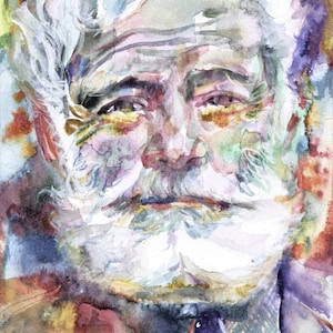 ERNEST HEMINGWAY aquarelle portrait - POSTER - différentes tailles disponibles! art imprimerie écrivain auteur vieil homme mer travail d’écriture