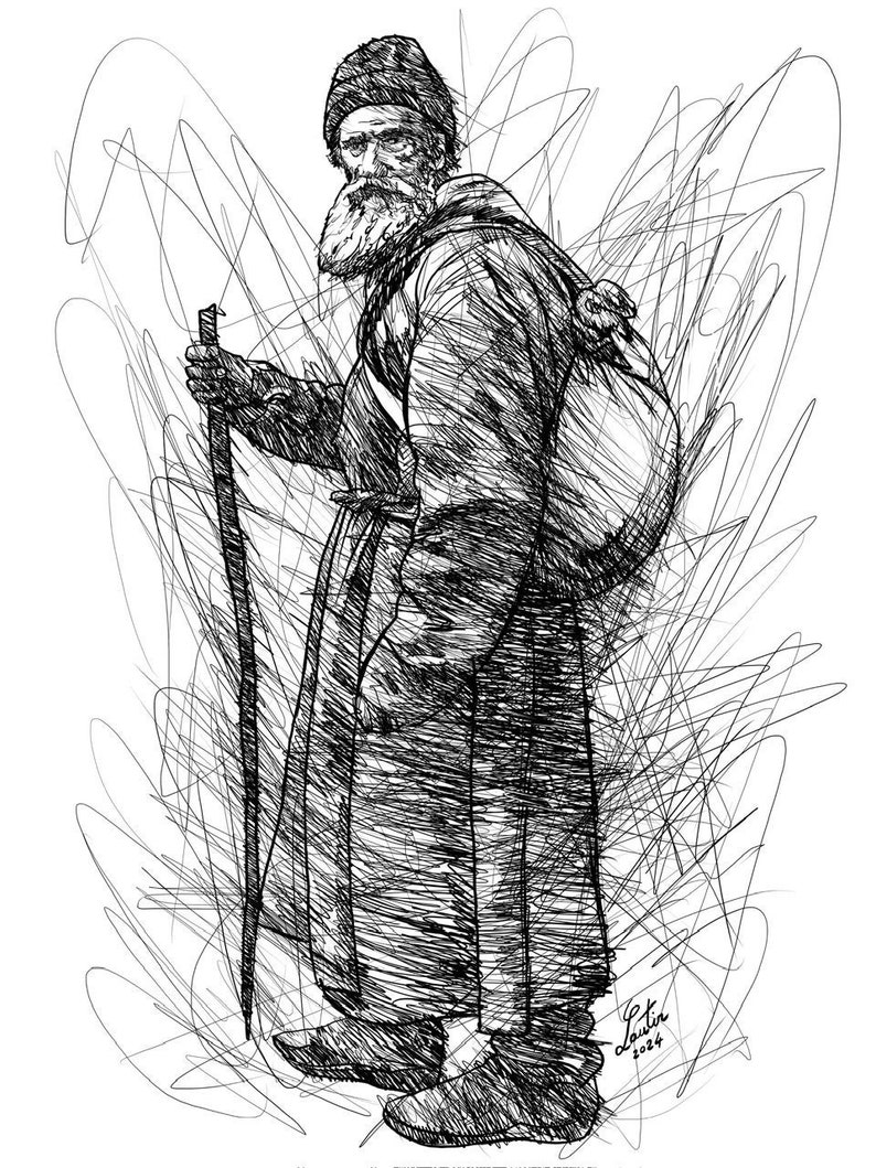May include: A black and white line drawing of a man with a long beard and a hat, wearing a long coat and carrying a walking stick. He is carrying a large bag on his back. The drawing is surrounded by scribbles.