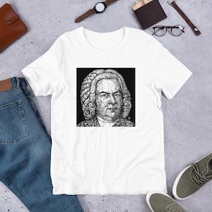 Unisex t-shirt - JOHANN SEBASTIAN BACH ink portrait - tshirt cloth clothing dress t shirt apparel art print painting composer symphony suite