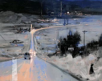 月明かりに照らされた高速道路の車のライトのアートプリント、穏やかな風景（デジタルダウンロード）