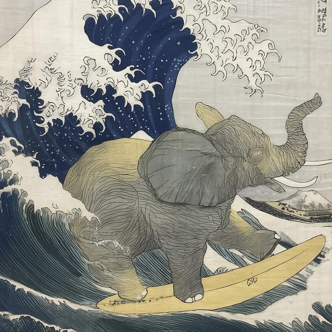 Surfing Elephant Japanese Wave Art Print, Seascape Poster - Etsy