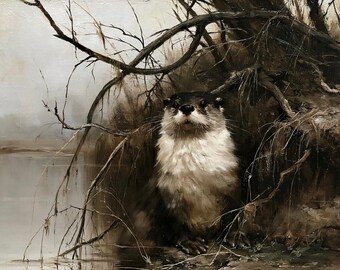 Otter in a Natural Habitat poster, Wildlife River Wall Art, Antique Animal Poster, Cabin Decor, Moody Marsh Landscape Print, Farmhouse Art