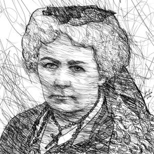 May include: A black and white line drawing portrait of a woman with curly hair, wearing a necklace with a cross pendant. The artwork is signed "Lantin 2016". The style is reminiscent of a sketch.