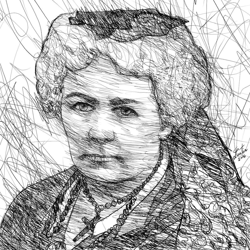 May include: A black and white line drawing portrait of a woman with curly hair, wearing a necklace with a cross pendant. The artwork is signed "Lantin 2016". The style is reminiscent of a sketch.