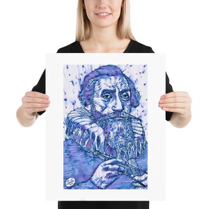 May include: A blue and purple ink drawing of a man with a beard and a ruff collar. The drawing is done in a stippled style and has a vintage feel.