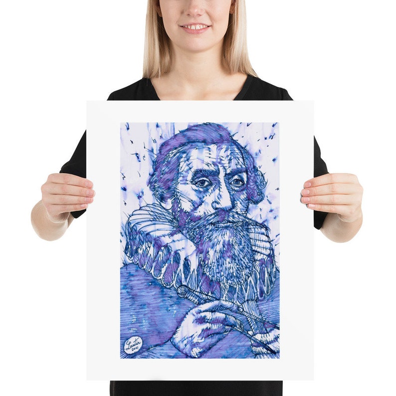 May include: A blue and purple ink drawing of a man with a beard and a ruff collar. The drawing is done in a stippled style and has a vintage feel.