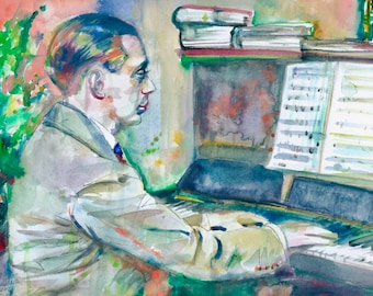 COLE PORTER watercolor portrait - POSTER - various sizes available! art print piano