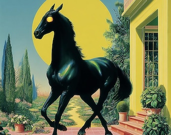 Black Horse with Glowing Eyes Art Print, Surreal Stallion Poster