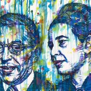 SARTRE y SIMONE De BEAUVOIR acuarela y tinta - Cartel - varios tamaños ! Impresión artística