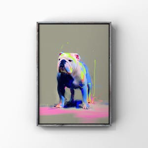 May include: A framed art print featuring a colorful, abstract painting of a bulldog. The dog is depicted with a white face, blue body, and accents of pink, yellow, and green. The artwork has a modern, expressive style, with paint splatters adding to the dynamic composition.