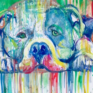 PIT BULL Resting on the Floor - watercolor painting - POSTER - various sizes available! art print cub whelp dog dogs pitbull molosser animal
