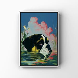 May include: A framed art print featuring a Boxer dog in water. The dog's head is black, white, and yellow, with a serene expression. The water reflects the sky and pink clouds, with green reeds and yellow flowers.