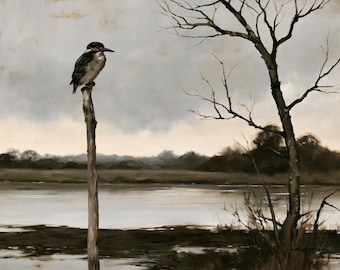 Kingfisher on a Tranquil Lake poster, River landscape print, Vintage wall decor, Bare tree branch artwork, Classic fine art home decor