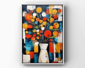Impressão artística de vaso floral colorido com fundo geométrico.