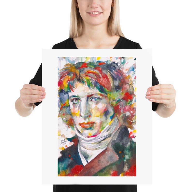 May include: A watercolor painting of a man with red hair and a white collar. The painting is done in a colorful style with splashes of blue, green, yellow, and red.