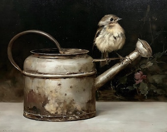 Little Bird on Watering Can poster, Antique still life canvas, Vintage garden wall art print, Classic fine art, cottagecore home decor