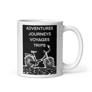 MUG - ADVENTURES Journeys Voyages TRIPS - mugs cup of coffee breakfast print painting illustration drawig cycle bicycle biking cycling bike