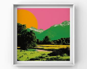 Colorful Mountain Landscape Poster, Stylized Sunset Print