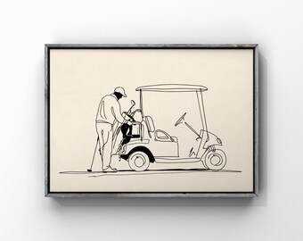 Golfer with Golf Cart Ink Sketch, Minimalist Sports Line Art Poster, Man Arranging Clubs Bag Wall Decor Painting, Idea Gift,Digital Download