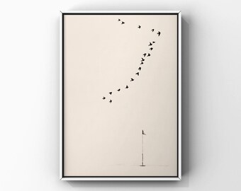 golf green pin flag with flock of birds Poster, bird Print, Golfing Term Joke Wall Decor, Minimalist Sport Illustration, Digital Download