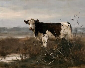 Vintage Cow in Meadow Painting, Antique Farmhouse Wall Art, Muted Landscape Poster, Rustic Country Decor, Muted Field Fine Art Print