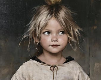 Vintage Young Girl with Apple on Head Poster, Antique Child Oil Painting Print, Whimsical Portrait Wall Art, Moody Canvas Print