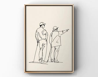 Golfer and Caddie Art Print, Player Pointing Distance Poster, Minimalist Golf Course Scene Wall Decor, Black Line Drawing, Digital Download