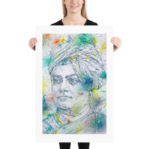 Op de afbeelding: Een zwart-witte lijntekening van een persoon met een tulband, met een kleurrijke aquarel achtergrond. Het gezicht van de persoon is gedetailleerd en de achtergrond is een mix van blauw, groen, geel en oranje.