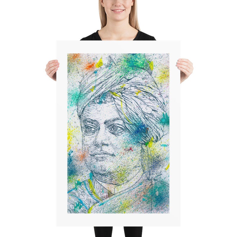 Op de afbeelding: Een zwart-witte lijntekening van een persoon met een tulband, met een kleurrijke aquarel achtergrond. Het gezicht van de persoon is gedetailleerd en de achtergrond is een mix van blauw, groen, geel en oranje.