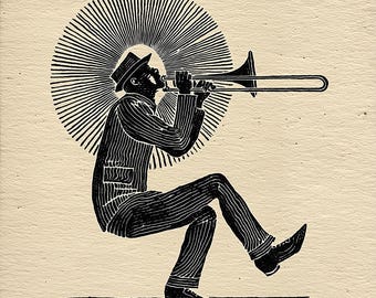 Jazz Trombone Player Silhouette Art Print, Black and Beige