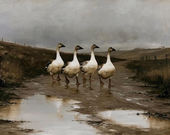 Four Geese Walking Print, Vintage Country Decor, Farmhouse Wall Art, Moody Landscape Poster, Antique Animal Art, Muddy Road Print