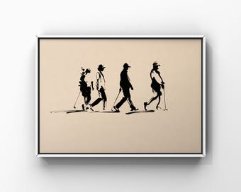 Golfers Walking Line Art Print, Ink Brush Golf Players Sketch Drawing, Sports Lover Poster, Country Club Office Wall Decor, Digital Download