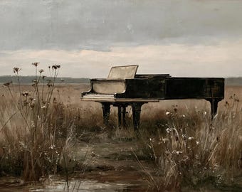 Abandoned Grand Piano in a Field poster, Vintage Music Wall Art, Moody Landscape print, Cottagecore Room Decor, Melancholic Fine Art Print