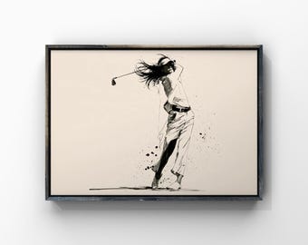 Golf Girl Ink Art Poster, Female Golfer Watercolor Painting, Sport Dynamic Sketch Print, Minimalist Golfing Wall Decor, Digital Download