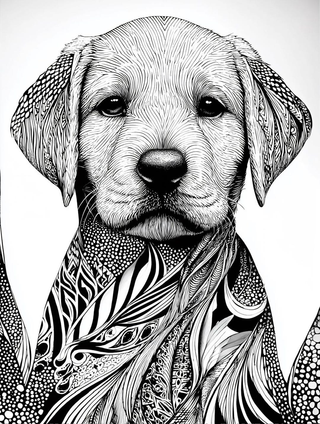 Intricate Labrador Puppy Portrait, Black and White Dog Art Print ...