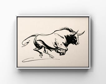 Running Bull Art Print, Charging Ox Wall Decor, Ink Brush Animal Poster, Japanese Sumi E Painting, Wild Wildlife Sketch, Digital Download