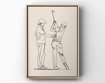 Golf Coach Lesson Ink Sketch Poster, Instructor Correcting Swing Line Art Print, Training Practice Hobby Room Wall Decor, Digital Download