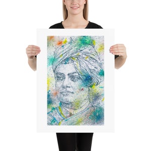 Op de afbeelding: Een kleurrijk abstract portret van een man met een tulband. Het portret is gemaakt in een stijl die lijkt op een schets met spatten blauwe, groene en gele verf.