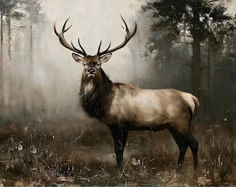 Misty Forest Stag Poster, Vintage Deer Oil Painting, Rustic Cabin Wall Art, Majestic Stag Print, Moody Wilderness Decor, Wildlife Fine Art