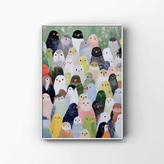 カラフルな鳥のプリント – 鳥の群れのアート（デジタルダウンロード