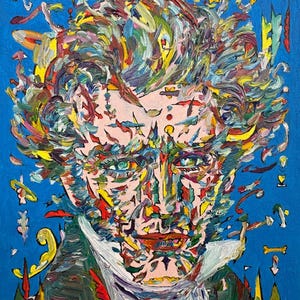 May include: An abstract portrait painting with a blue background. The subject's face is rendered with colorful brushstrokes of pink, green, yellow, and red. The artwork features a white collar and a dark jacket.