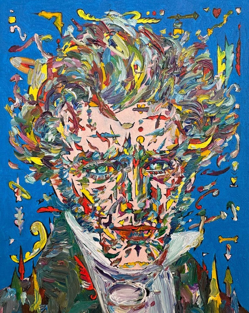 May include: An abstract portrait painting with a blue background. The subject's face is rendered with colorful brushstrokes of pink, green, yellow, and red. The artwork features a white collar and a dark jacket.